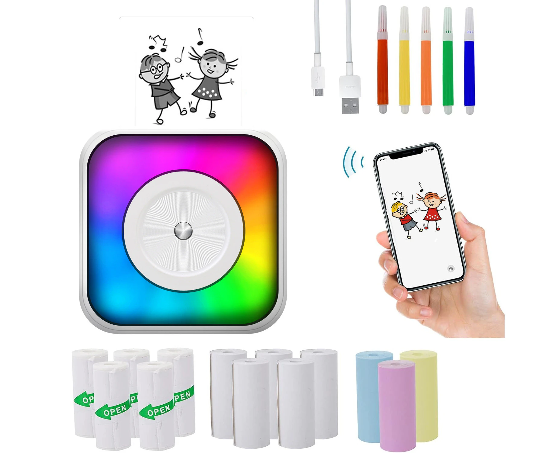 Mini Pocket Printer with RGB Light Thermal Printer with 13 Rolls of Paper