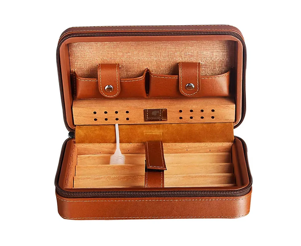 The latest Version of Leather Cigar Case Portable humidor Cedar Wood Travel Humidor Humidifier (Without lighter cutter) brown