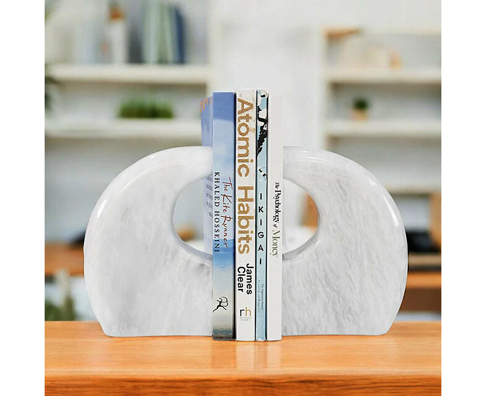 Marble Curve Book Ends Handmade Bookends for Book Shelf & Desk Organizer - Decorative Tabletop Hold Books Heavy Duty for Study Room - White