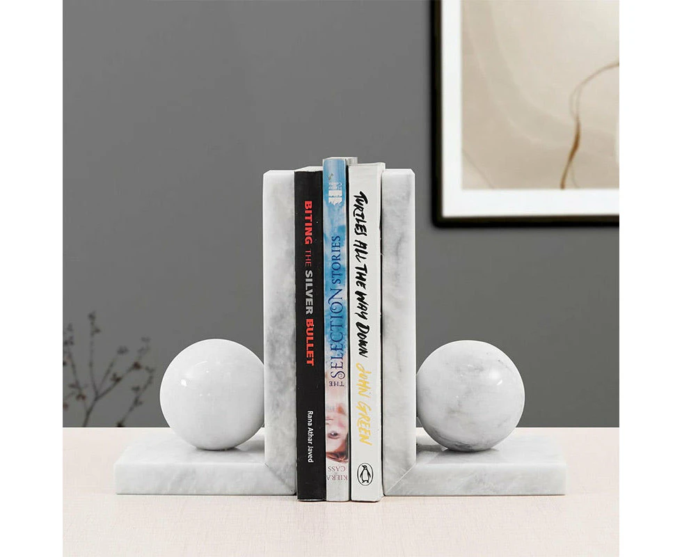 Marble Book Ends Handmade Bookends For Book Shelf & Desk Organizer - Decorative Tabletop Hold Books Heavy Duty For Study Room - White