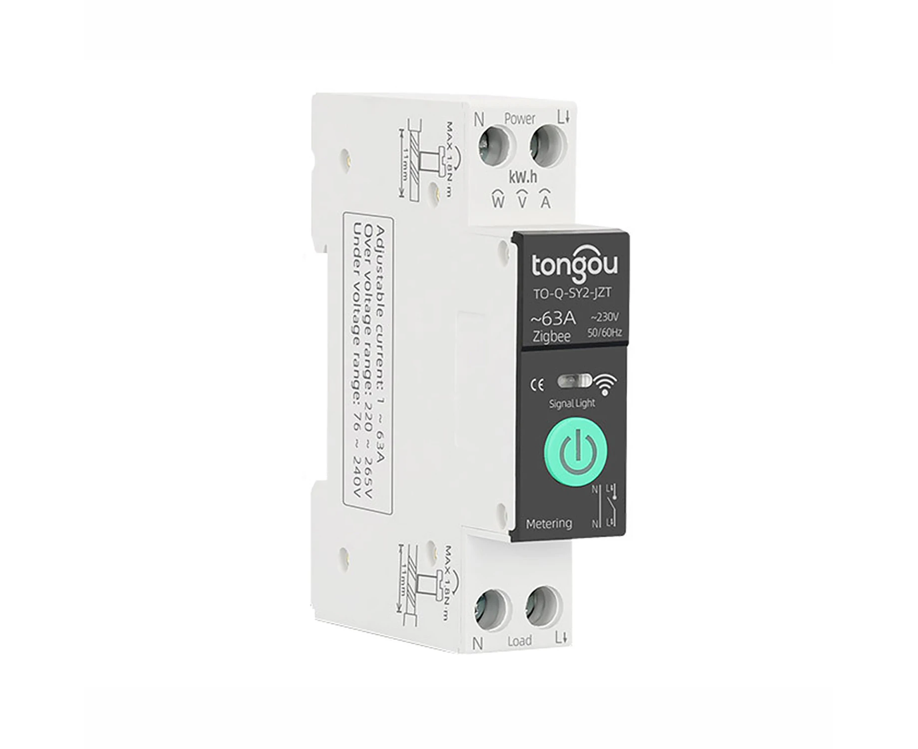 TONGOU Tuya ZigBee Intelligent Circuit Breaker with Metering 1P 63A DIN Rail Support 3 Timing Modes Multiple Safety