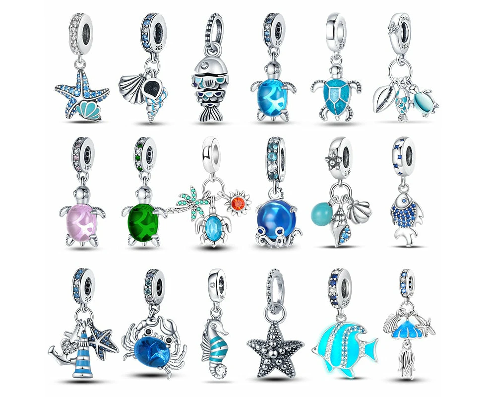 925 Sterling Silver Ocean Series Turtle Crab Mermaid Charms Beads Fit Original Pandora Bracelets Bangles Jewelrys