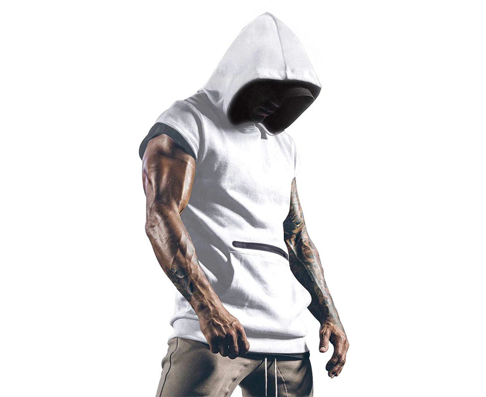 WeMeir Men's Sports Hoodie Tank Top Sleeveless Vest Fitness Vest Bodybuilding Vest Workout Tank Top-White