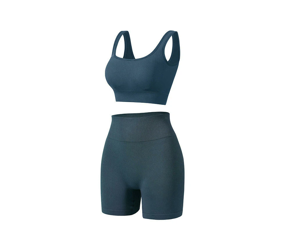 Women's Sportswear 2 Piece Seamless Ribbed High Waist Leggings with Bra Sports Set-Sea Blue