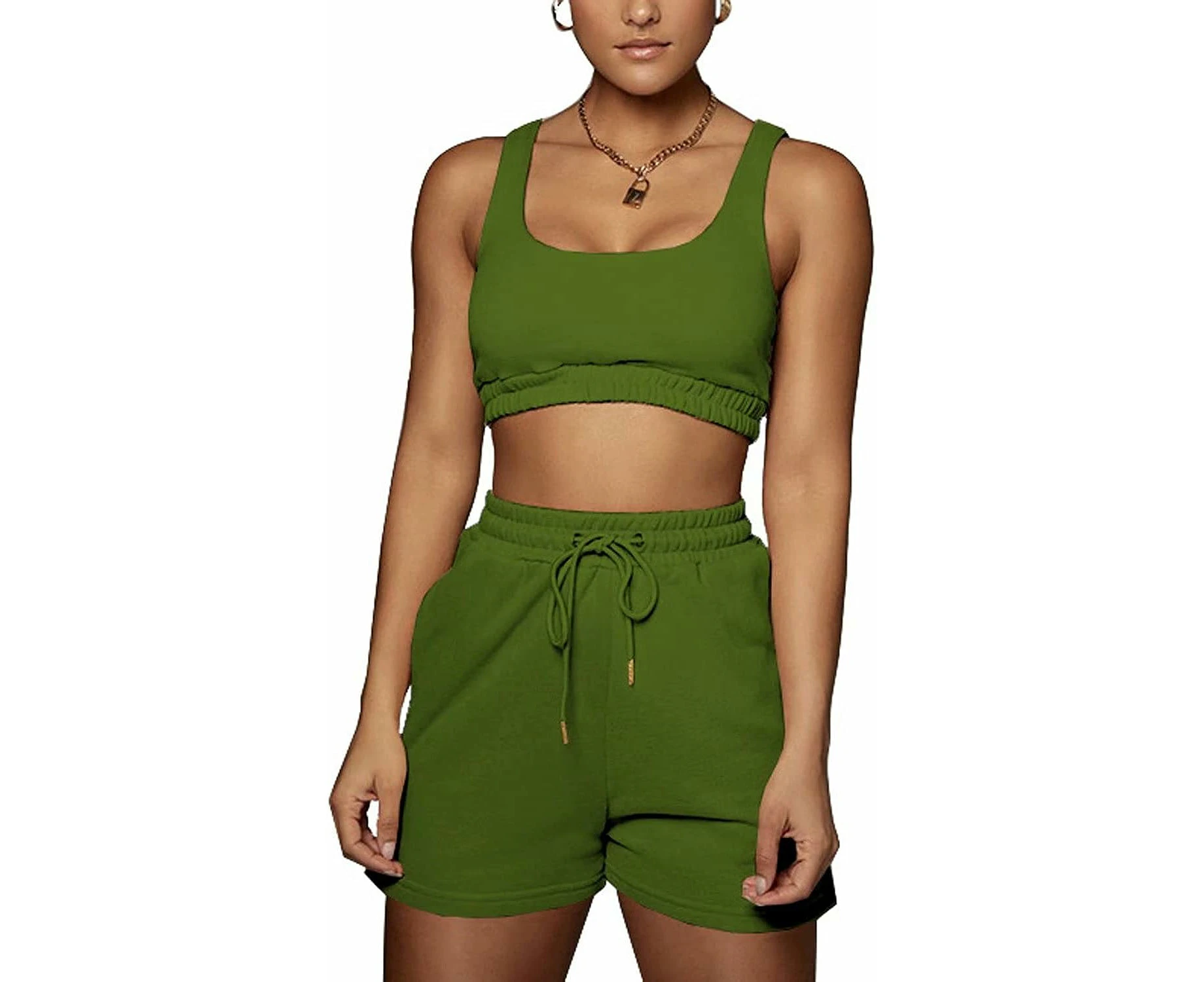 Womens Yoga Tank Top and Jogging Bottoms Tracksuits 2 Pieces Sportswear-Green