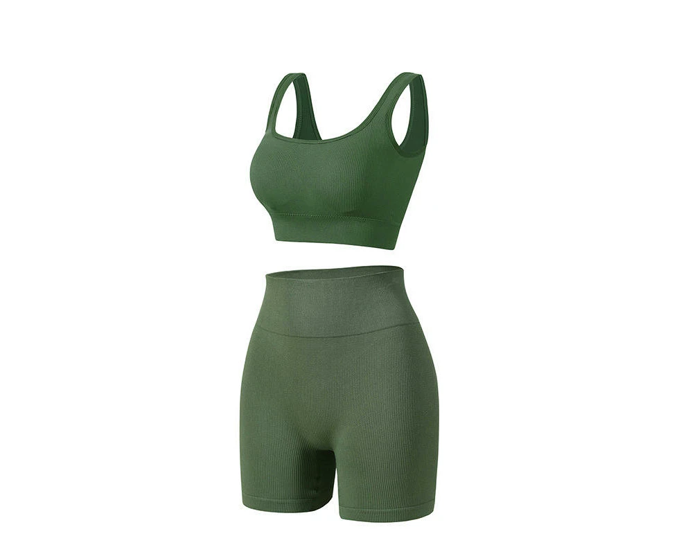 Women's Sportswear 2 Piece Seamless Ribbed High Waist Leggings with Bra Sports Set-Military Green