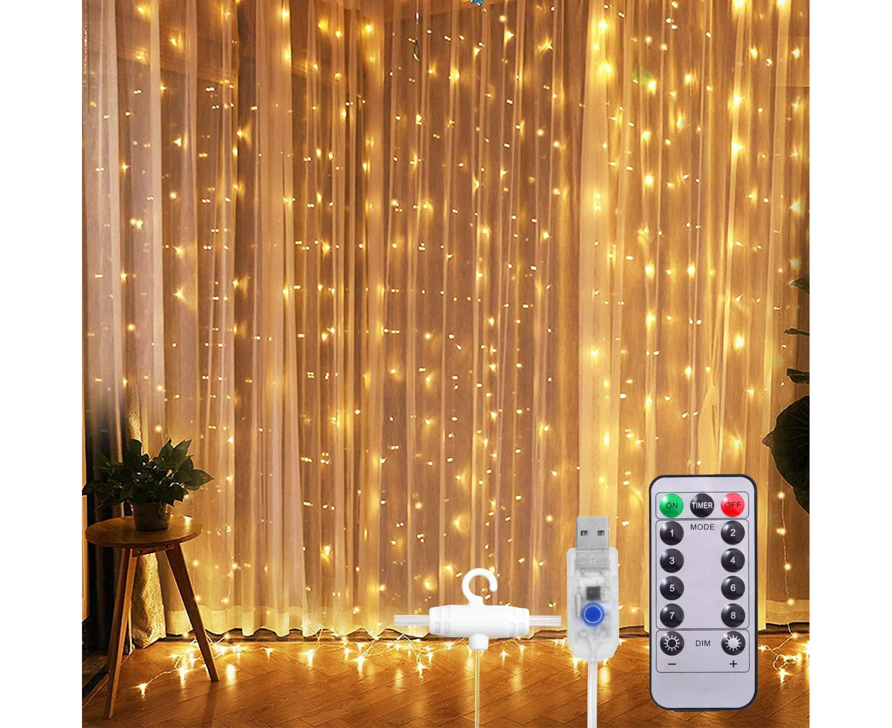 Led Fairy Lights, Light Curtain 300 Leds Usb Curtain Lights String Light With Remote Control Timer, Warm white