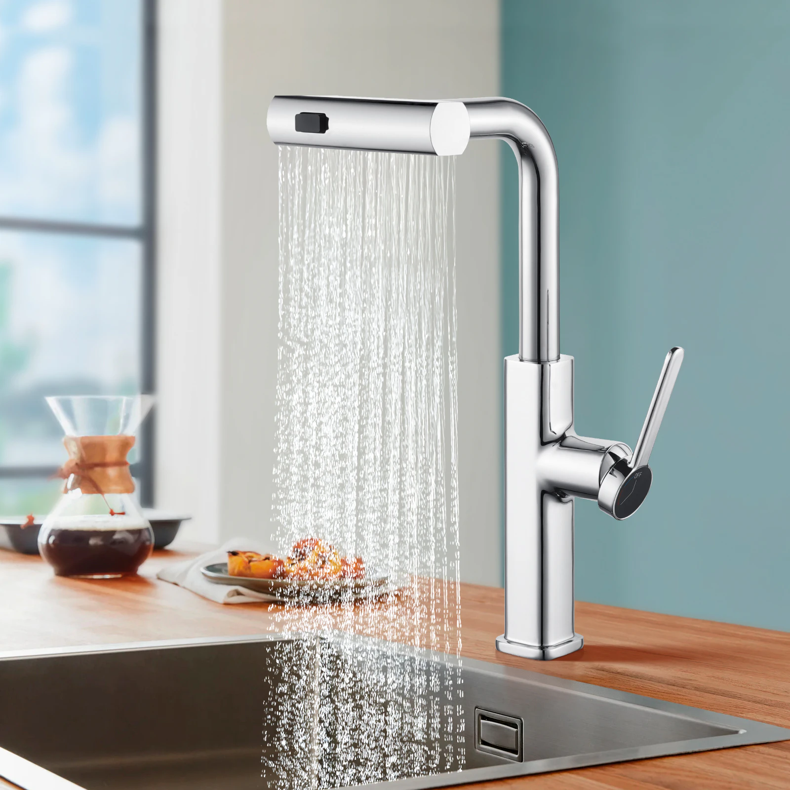 T-shape Pull Out Tap Kitchen mixer tap Waterfall Kitchen Sink Faucets pull down head Chrome