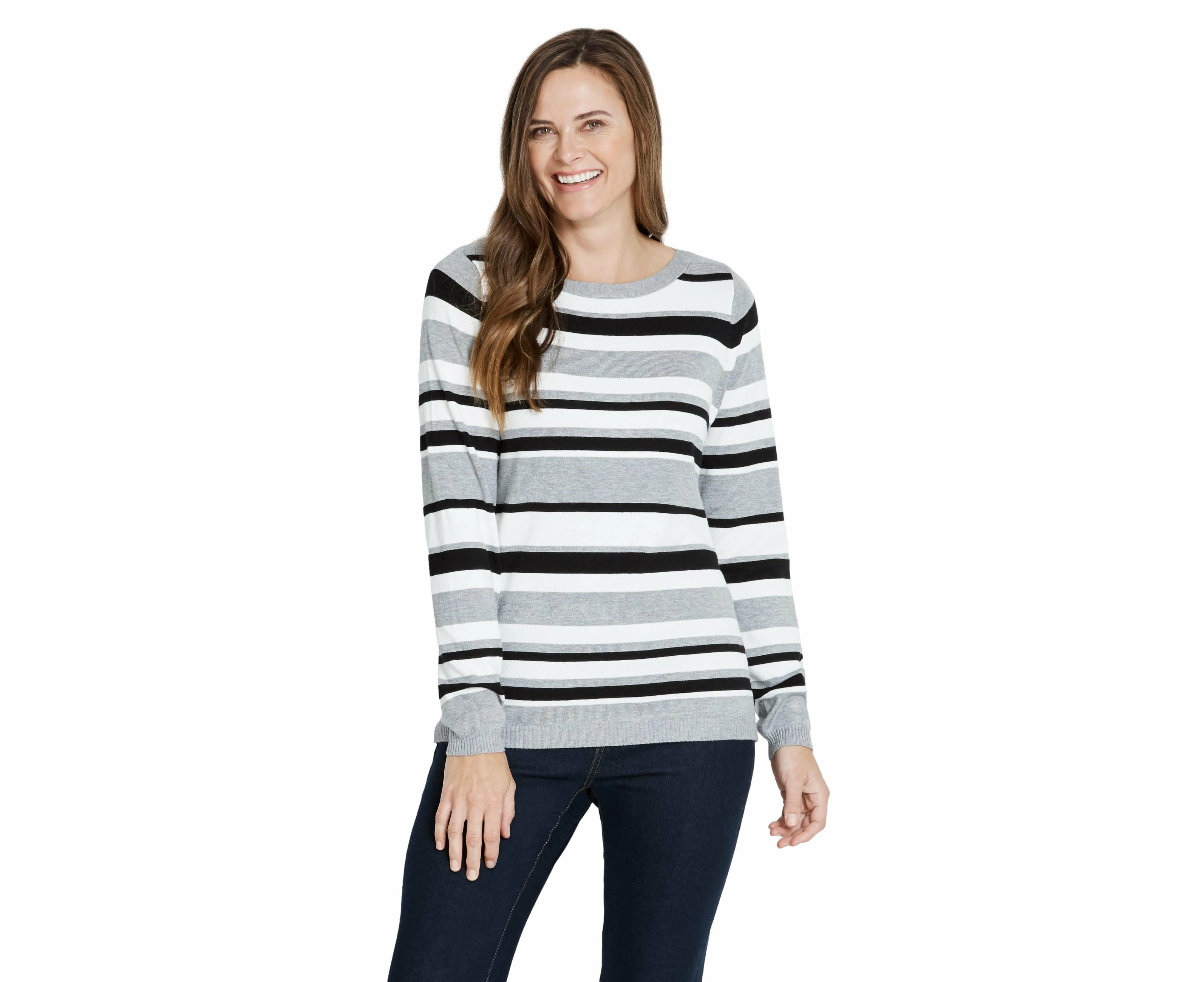 rivers - Womens - Winter - Jumper - Grey - Pullover / Sweater - Marle/Cream Stripe - Long Sleeve - Casual Office Clothes - Fashion Wear - Work Apparel