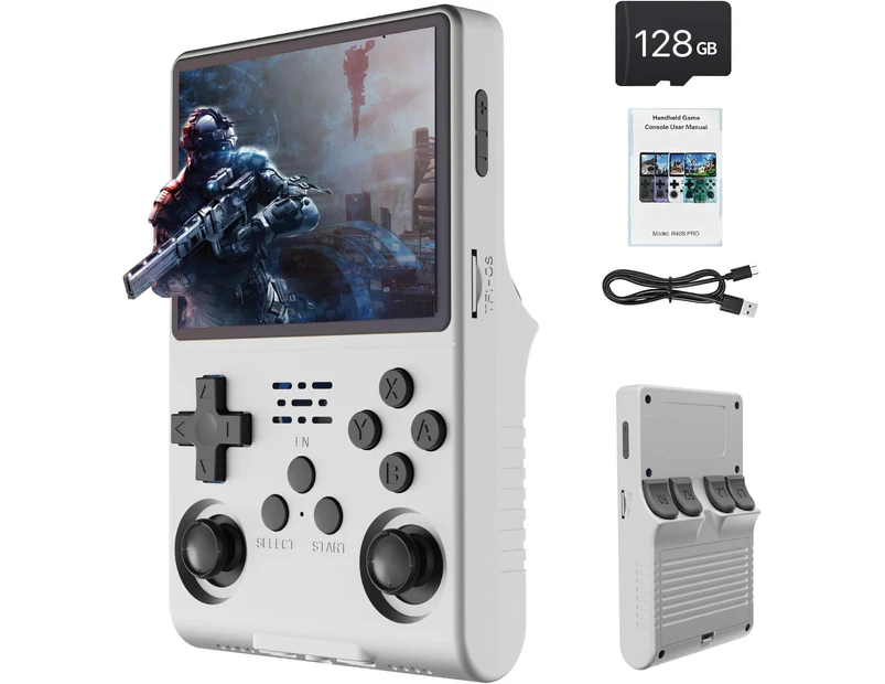 R36S 3.5in IPS Retro Handheld Game Console, Gaming Console with Linux System, Dual 3D Joysticks, 21000+Classic Games Retro Video Game Console -128G -White