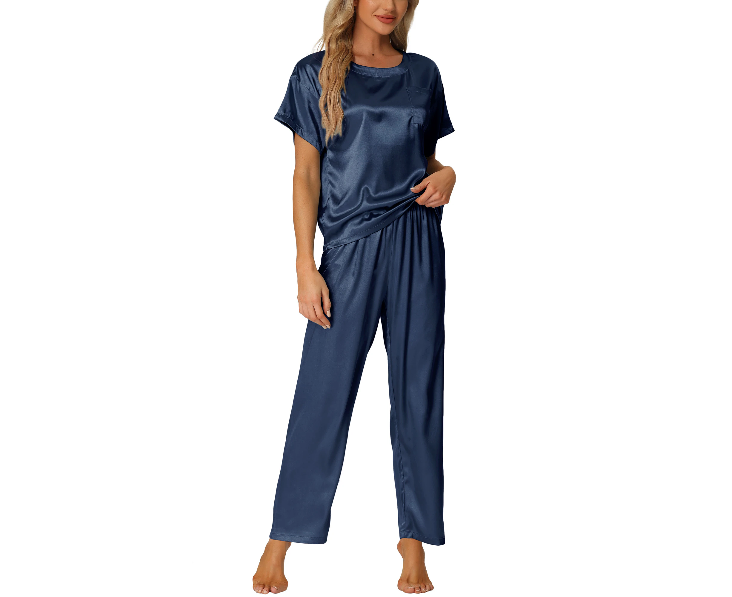 cheibear Satin Summer Tops Pants Silky Lounge Sets Blue