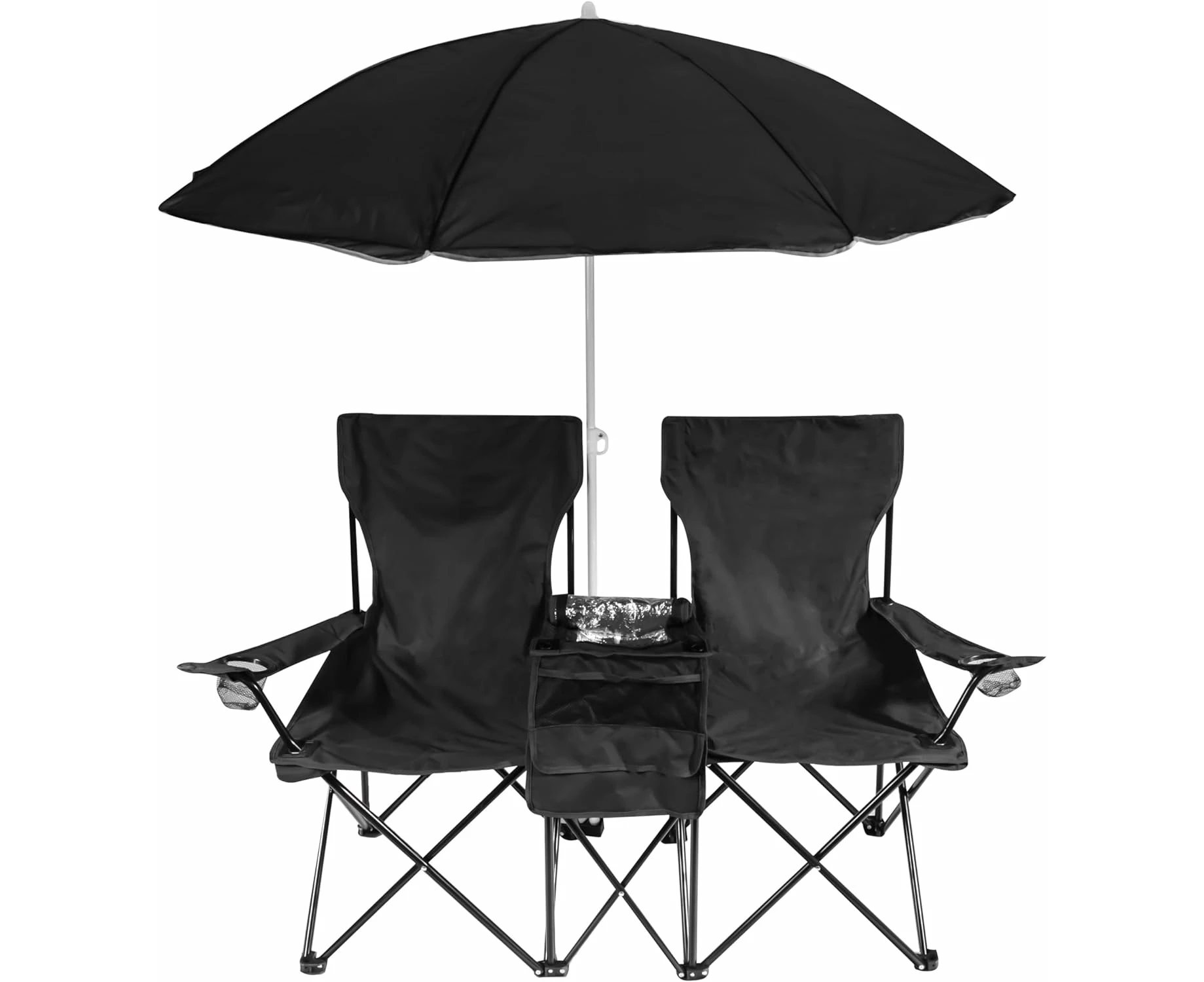 Trademark Innovations Double Folding Camp and Beach Chair with Removable Umbrella and Cooler, Black