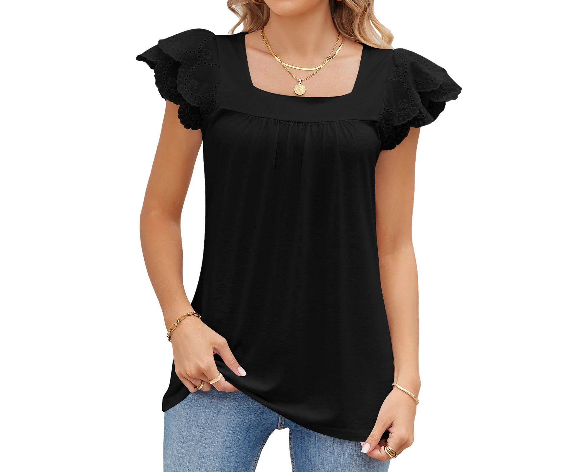 Women Short Sleeve Top Pure Color Lace Patchwork Casual Double Layer Petal Short Sleeve Shirt For Summer Black M