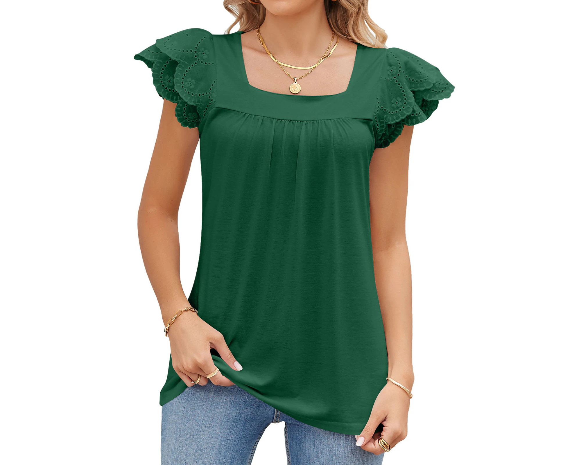 Women Short Sleeve Top Pure Color Lace Patchwork Casual Double Layer Petal Short Sleeve Shirt For Summer Dark Green S