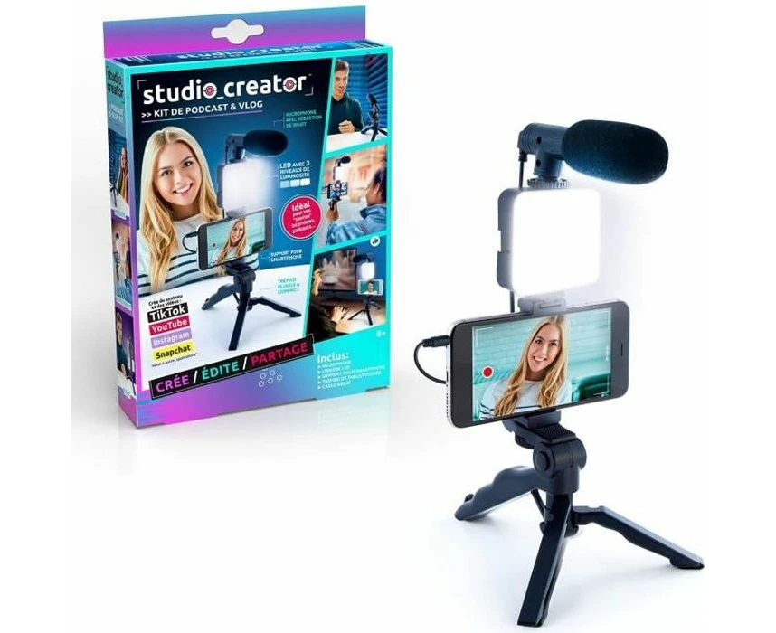 Studio Creator Podcast and Vlogging Kit, Phone Holder, LED Light, Microphone + Tripod, Create Content On The Go, Age 6+, White