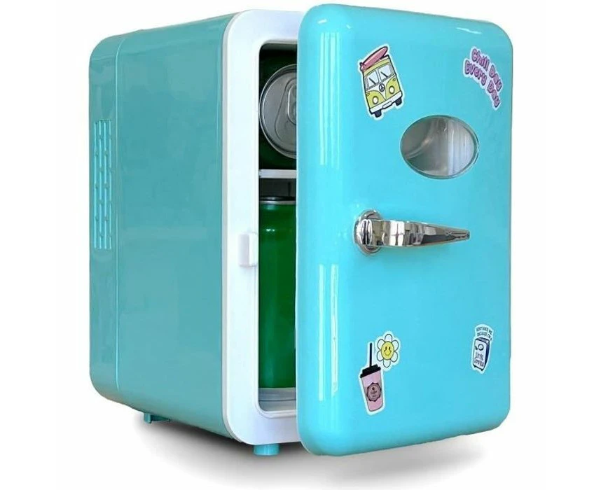 So Chill Auto Mini Fridge, Gamers, Students, Home/Car trips/Hangouts + More, USB Powered, Stickers Included, 4L/6 Cans, Solid, Teal