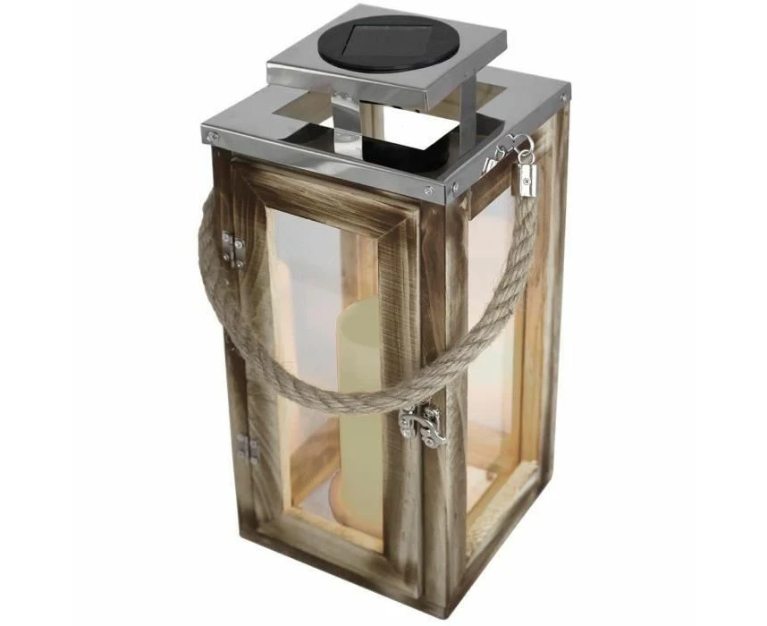 Oaky Chic Solar Lantern in Natural Wood and Stainless Steel with LED Candle Effect Warm