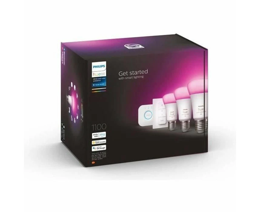 Philips Hue White and Color ambiance Kit de démarrage : 3 ampoules connectées E27 (1100) + variateur