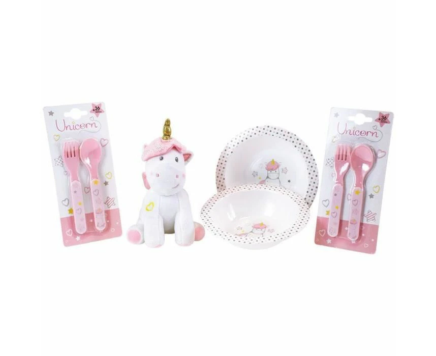 Unicorn Set for Children, Consisting of 2 Deep Plates Diameter 16 cm, 2 Cutlery Sets and 1 Pelusche +/- 17 cm (Blue, Pink or Purple)