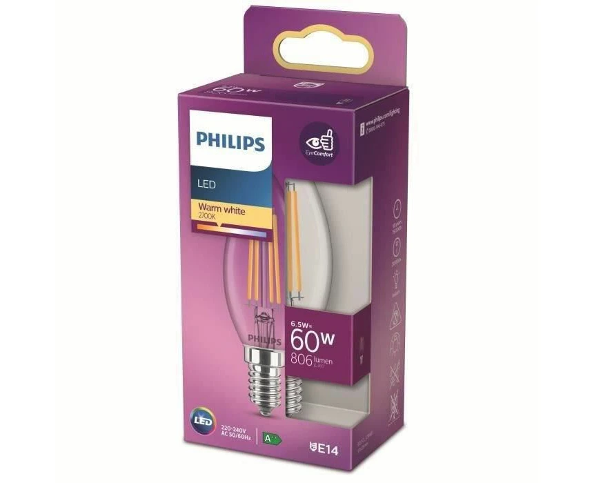 Philips LED Premium Classic B35 Candle Light Bulb [E14 Small Edison Screw] 6.5W - 60W Equivalent, Warm White (2700K), Non Dimmable