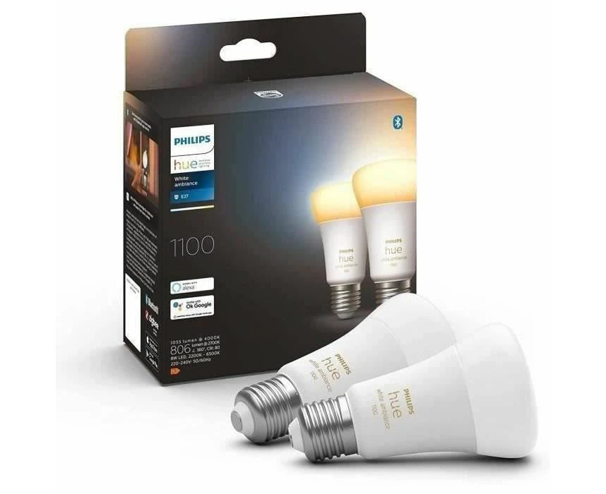 Philips Hue   White Ambiance Smart Light Bulb 2 Pack 75W - 1100 Lumen [E27 Edison Screw] With Bluetooth. Works with Alexa, Google Assistant and Apple Hom