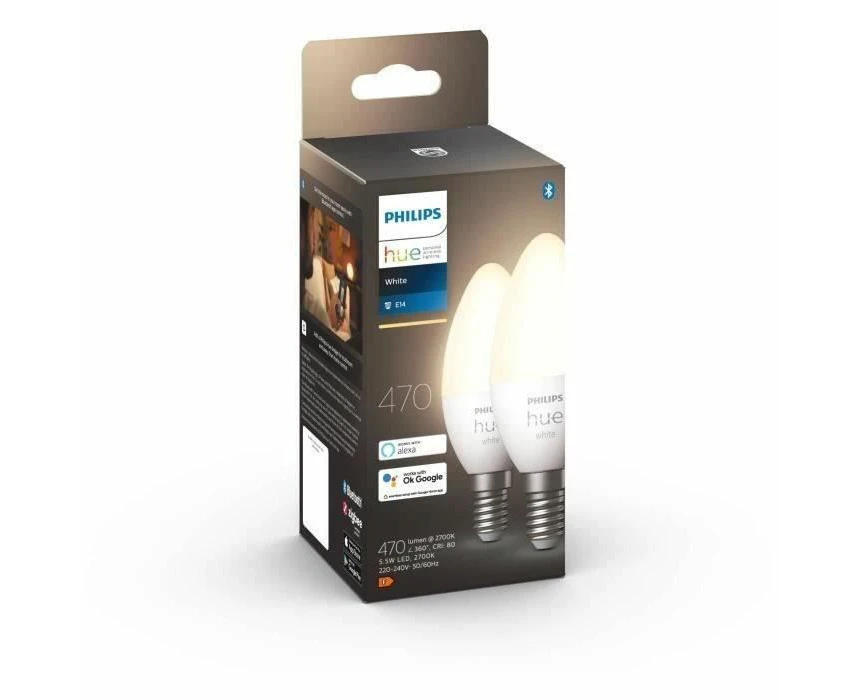 Philips Hue   White Smart Light Bulb Candle 2 Pack [E14 Small Edison Screw] Works with Alexa, Google Assistant, Apple Homekit. For Home Indoor Lighting,