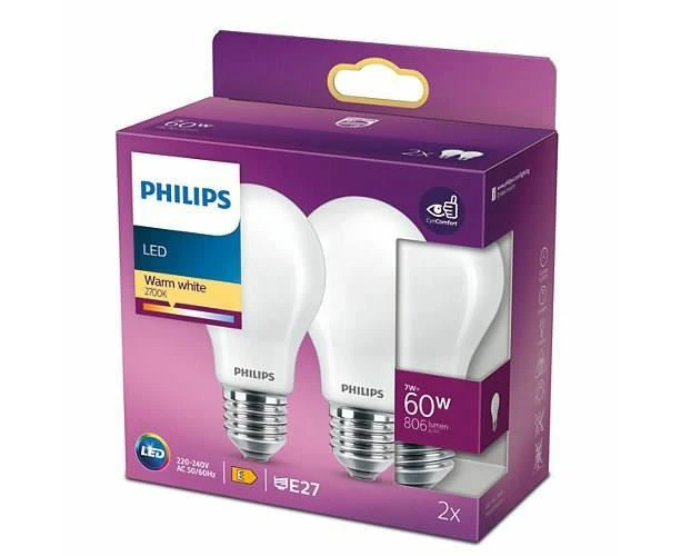 Philips LED Classic A60 Frosted Light Bulb 2 Pack [E27 Edison Screw] 7W - 60W Equivalent , Warm White 2700K, Non Dimmable