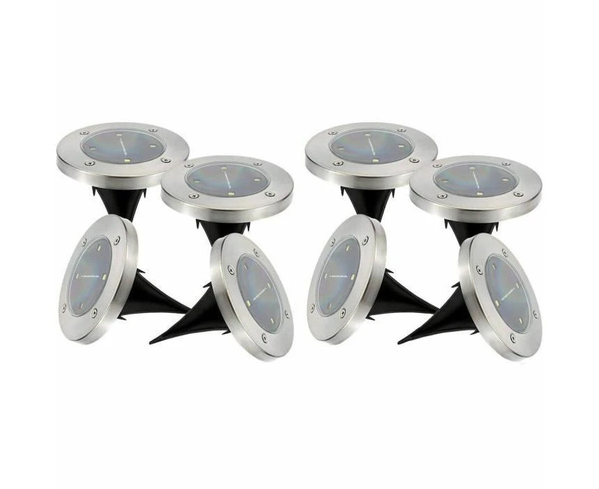 LUMISKY / LUMIJARDIN DECKY Set of 8 Round Stainless Steel Recessed or Spiked LED Solar Spotlights Diameter 12 cm White