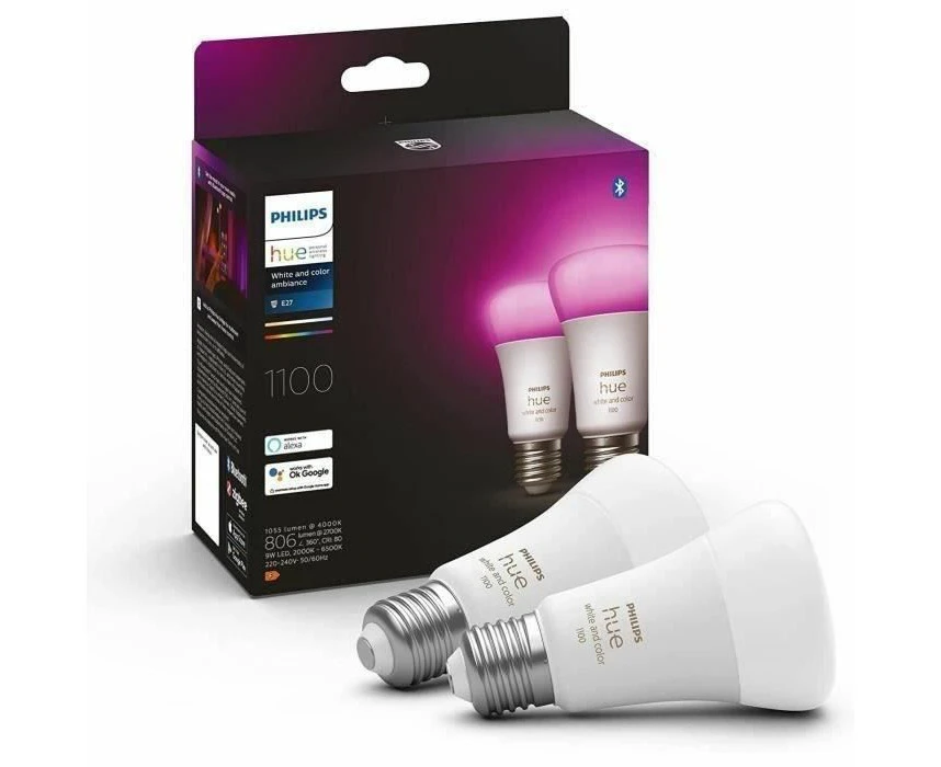 Philips Hue White and Colour Ambiance Smart Light Bulb 2 Pack 75W - 1100 Lumen [E27 Edison Screw] With Bluetooth. Works with Alexa, Google Assistant and Ap