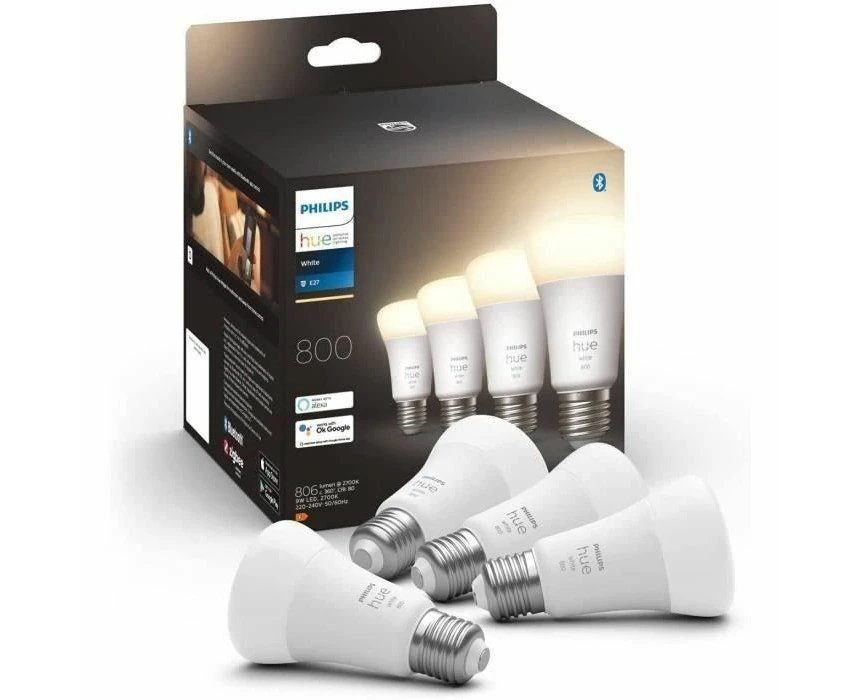 Philips Hue White Smart Bulb LED 4 Pack [E27 Edison Screw] - 800 Lumens (60W Equivalent). Works with Alexa, Google Assistant and Apple Homekit