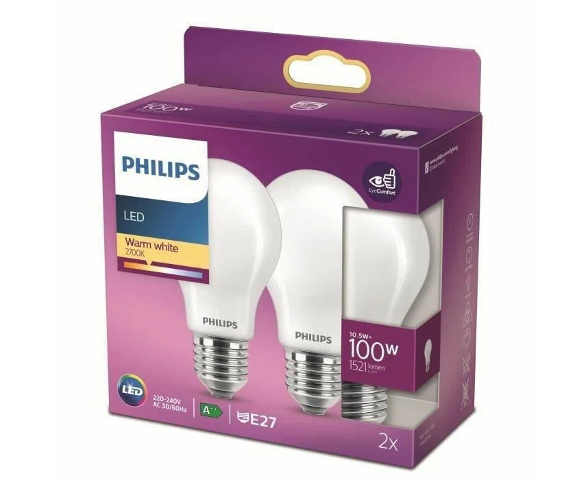 Philips LED Classic A60 Frosted Light Bulb 2 Pack [E27 Edison Screw] 10.5W - 100W Equivalent , Warm White 2700K, Non Dimmable