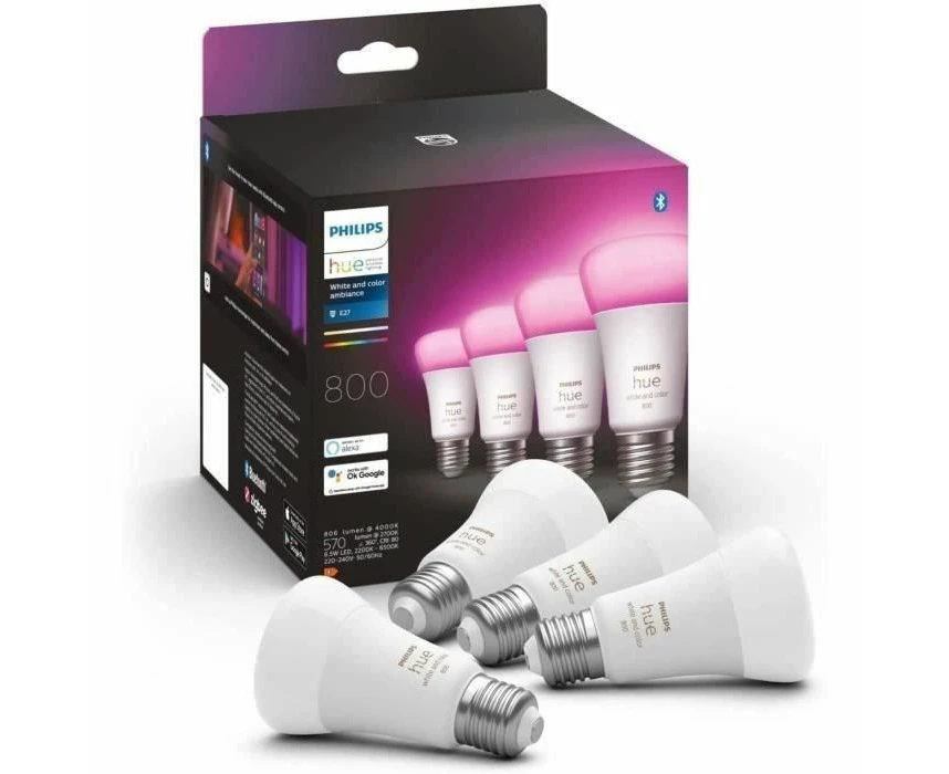 Philips Hue New White and Colour Ambiance Smart Light Bulb 4 Pack 60W - 800 Lumen [E27 Edison Screw] with Bluetooth. Works with Alexa, Google Assistant and