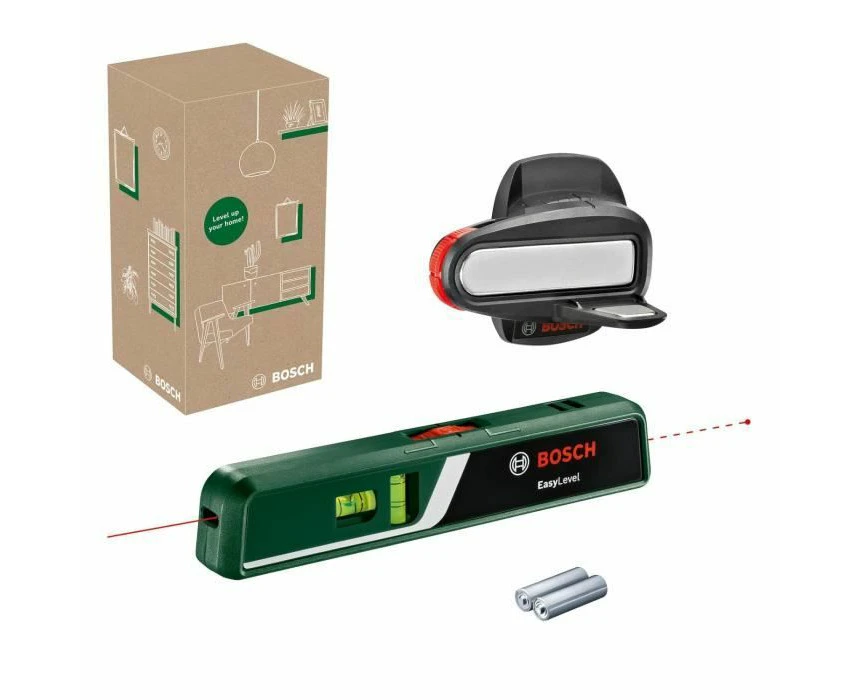 Bosch laser spirit level EasyLevel with wall mount (laser line for flexible alignment on walls and laser point for easy height transfer, in E-Commerce card