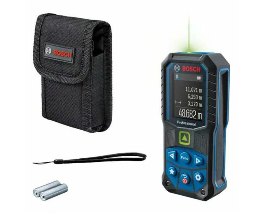 Bosch Professional Laser Measure GLM 50-25 G (Green Laser, Range: up to 50m, Robust, IP65, ± 1.5 mm*, 2x AA Batteries, Hand Strap, Pouch)