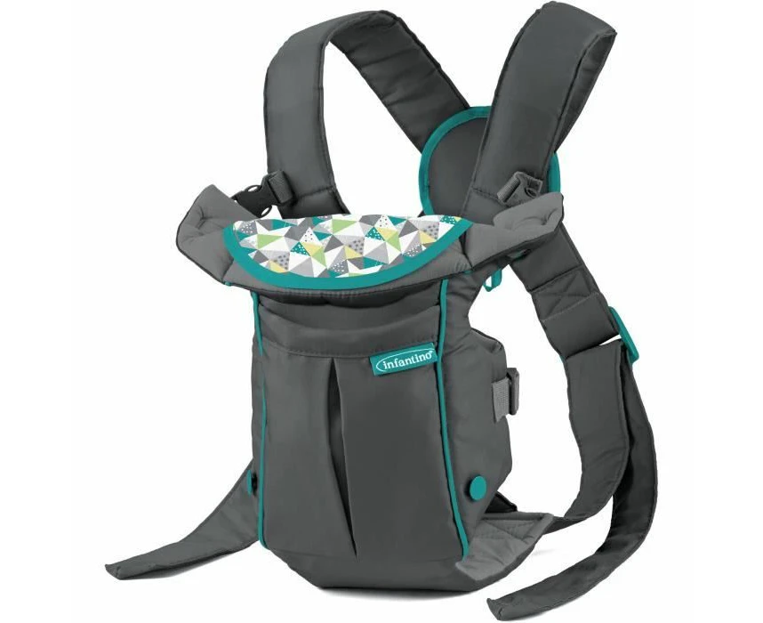 INFANTINO Swift Classic Carrier — ergonomic baby carrier with 2 carrying positions and bag, grey adjustable baby carrier with hip seat and front pocket for