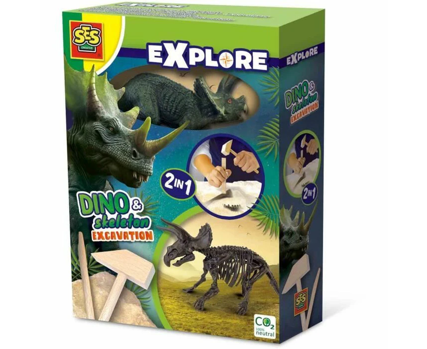 SES Creative 25093 2 in 1 Dinosaur and Skeleton Dig-Triceratops, One Size - Perfect Gift for Kids