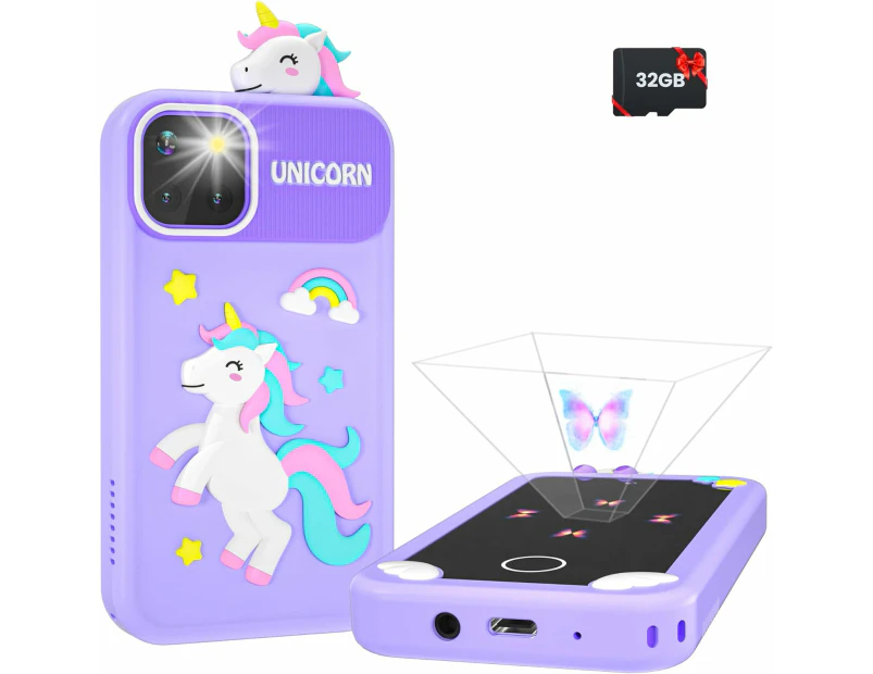 Kids Smart Phone for Girls with Holographic Pyramid, 32G Card Christmas Birthday Gifts for Kids Toys Cell Phone, 2.8" Touchscreen Learning Play Toy -Purple