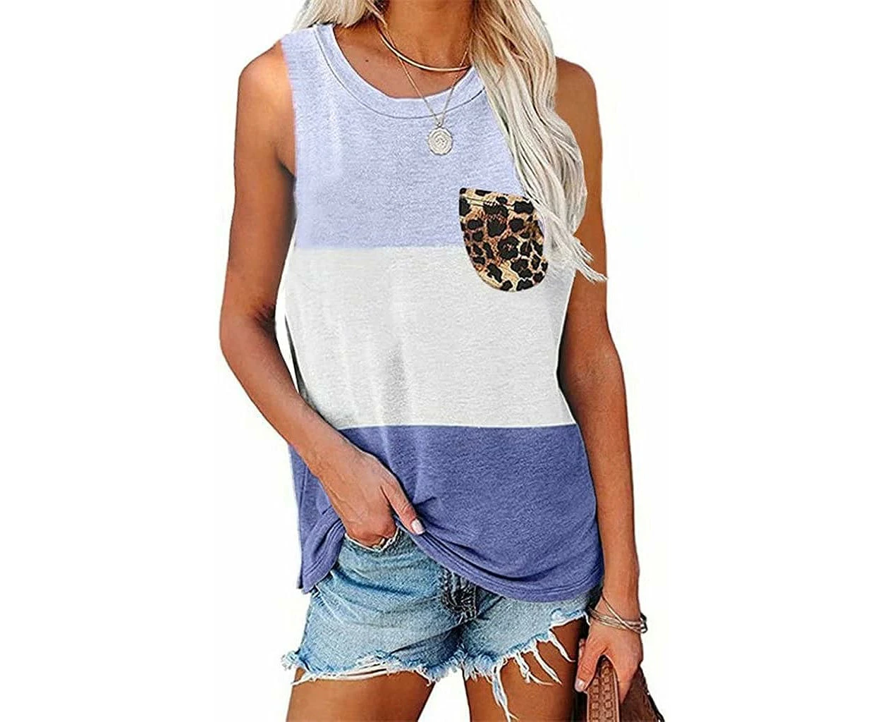 Womens T-Shirt Round Neck Splicing Leopard Pocket Color Block Blouse Tops-Fancy Blue