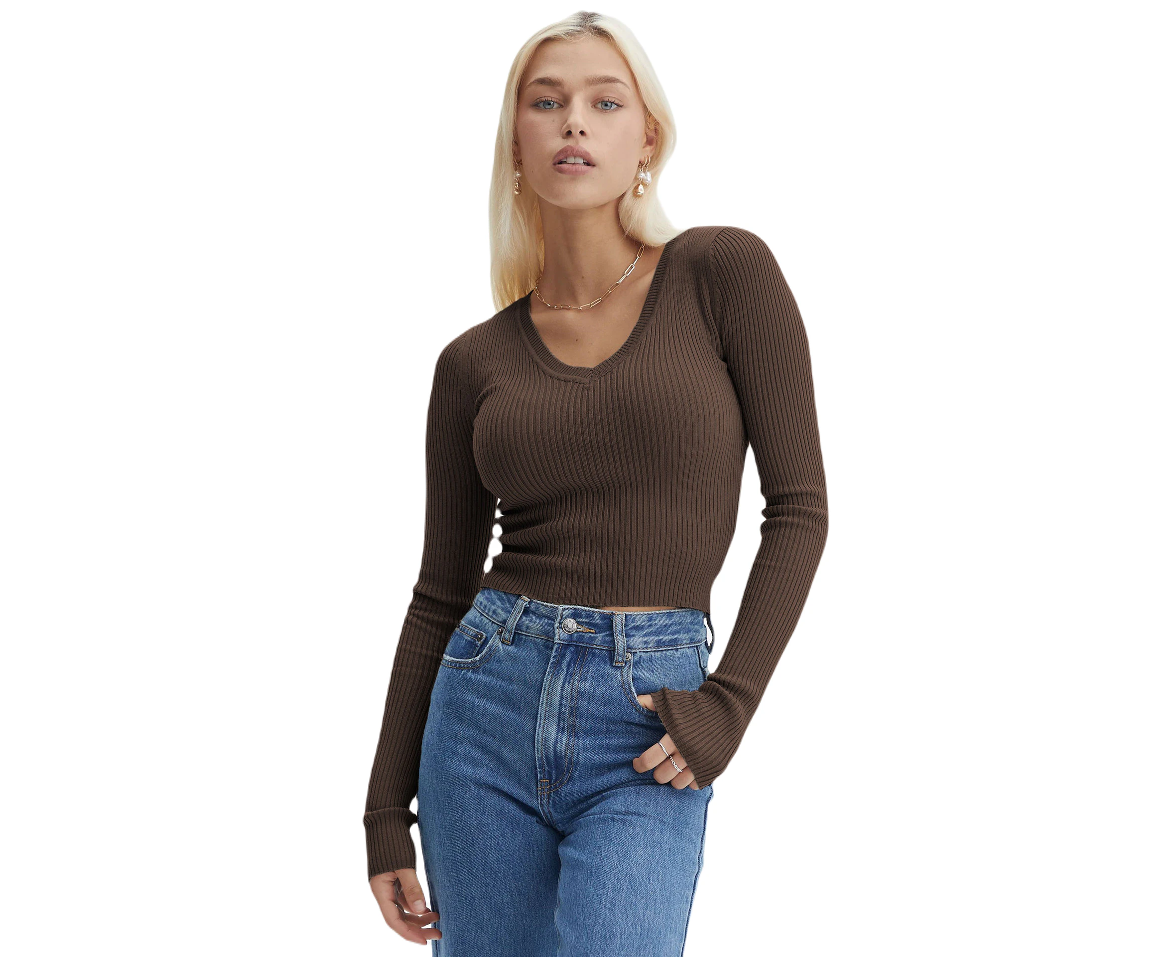 Women V-neck Crop Tops Elastic Ribbed Long Sleeve Crops Shirts Slim Fit Undershirts for Women-Brown