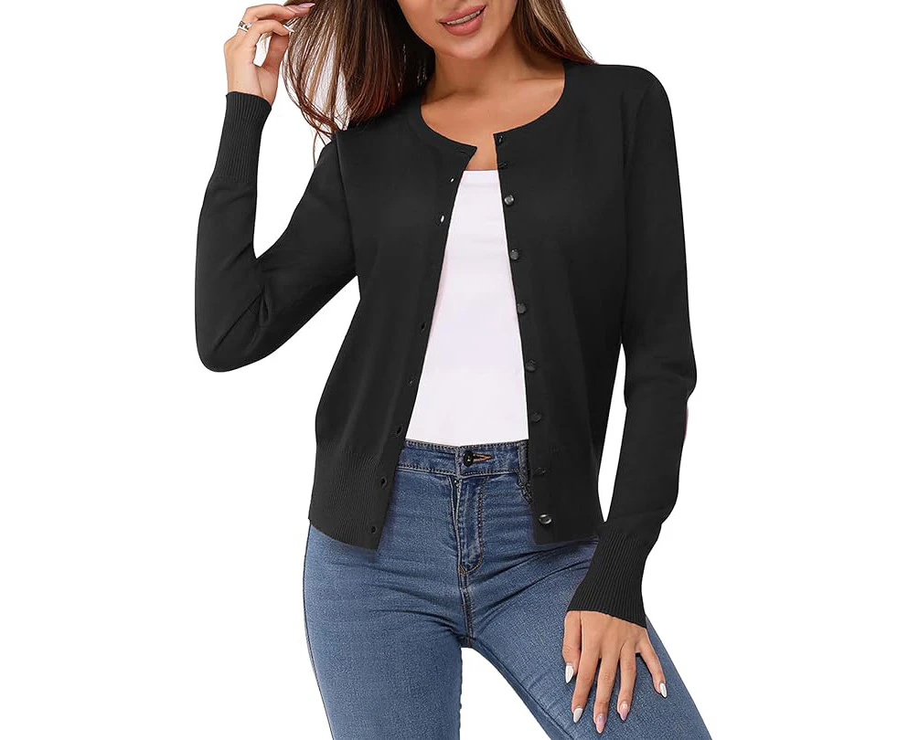 1pcs round neck long sleeve soft knitted cardigan--Black