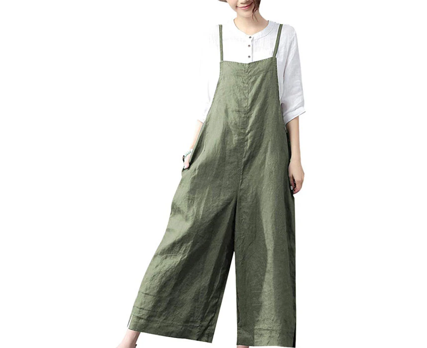 Strapsco Women Casual Loose Wide Leg Jumpsuits Baggy Cotton Rompers Overalls-Green