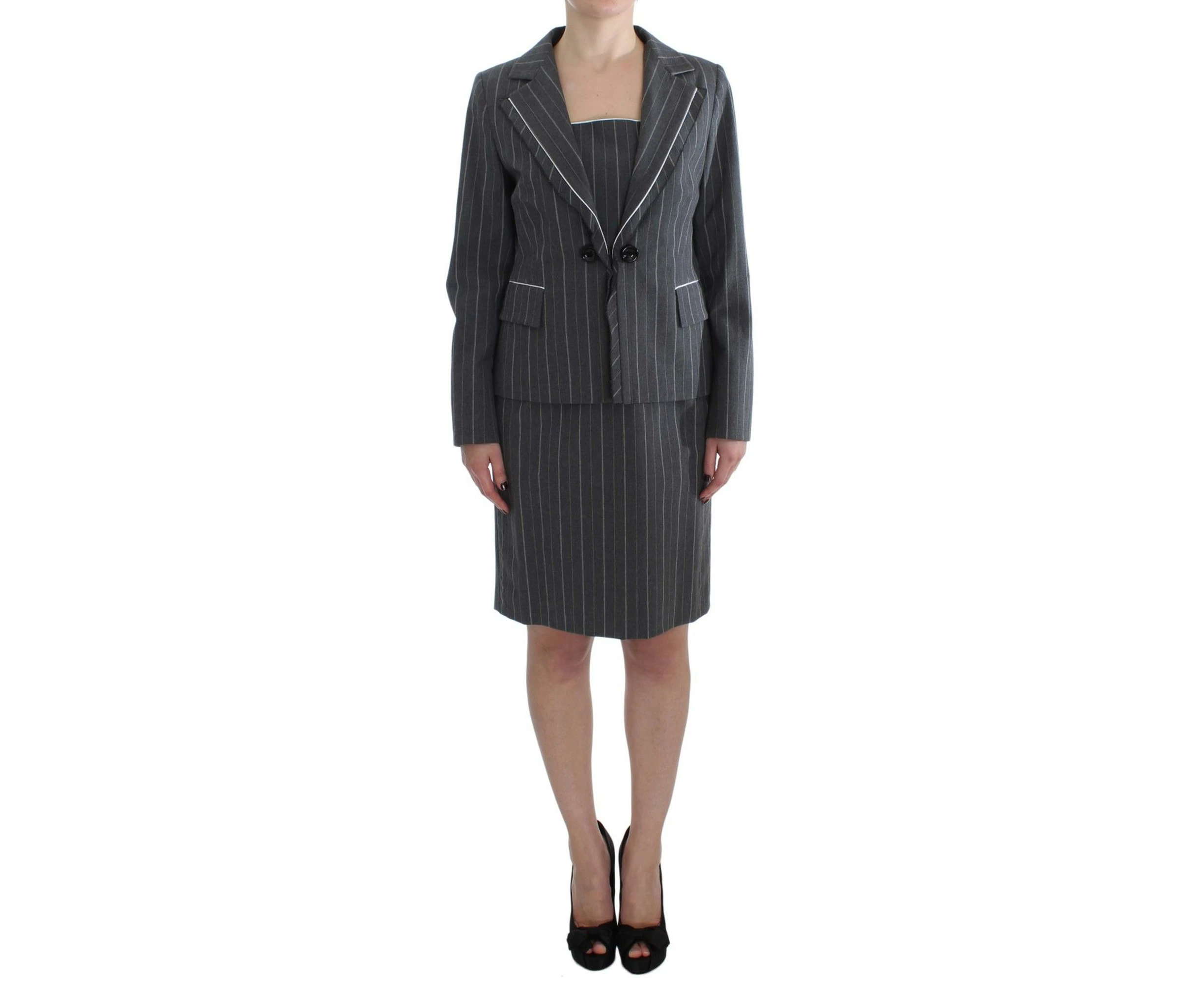 Striped Sheath Dress and Blazer Suit Set - Gray