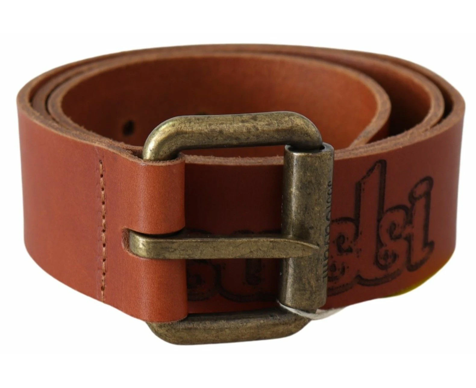 Just Cavalli Brown Leather Logo Bronze Rustic Metal Buckle Belt