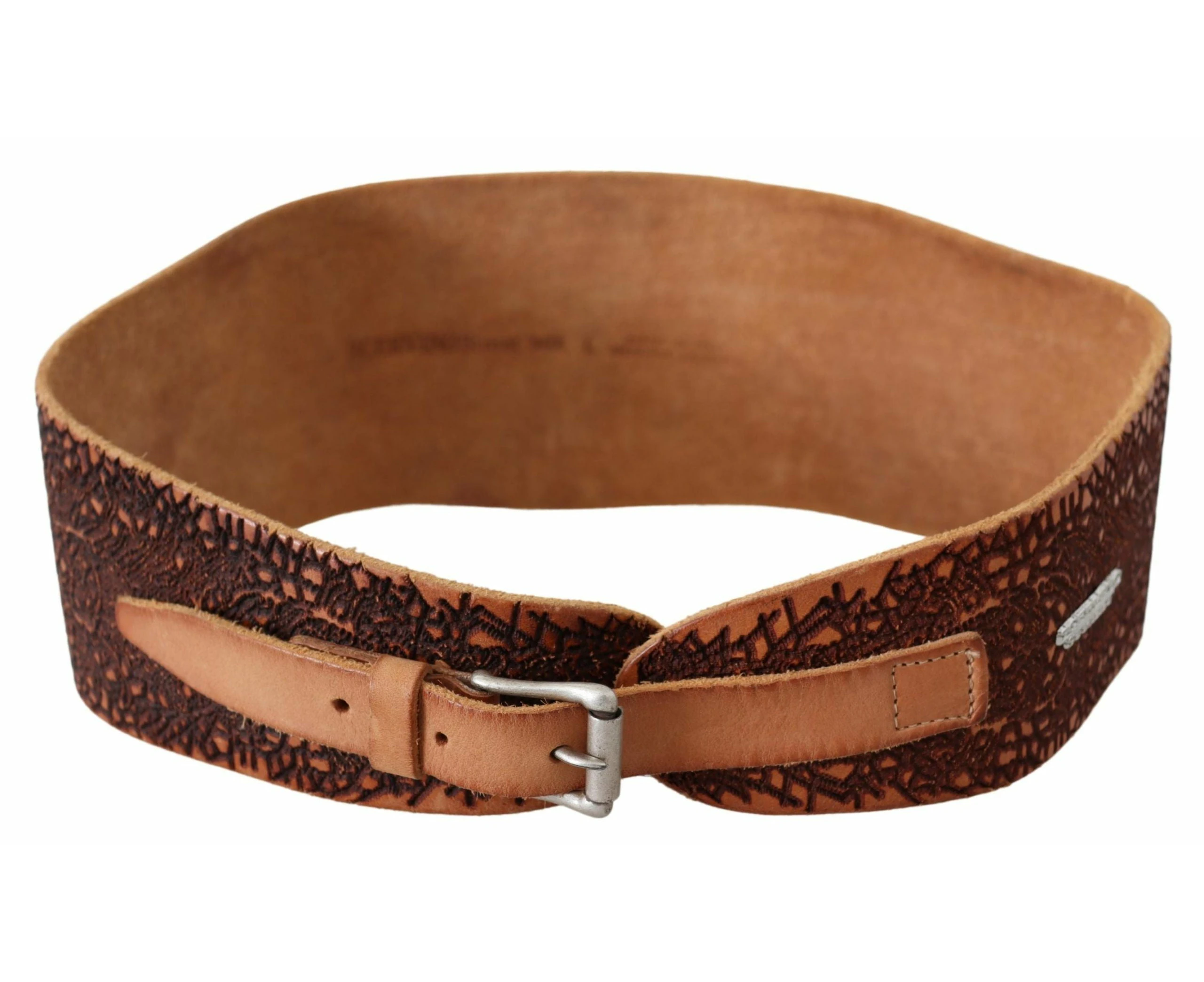 Scervino Street Brown Wide Leather Embroidered Design Logo Belt