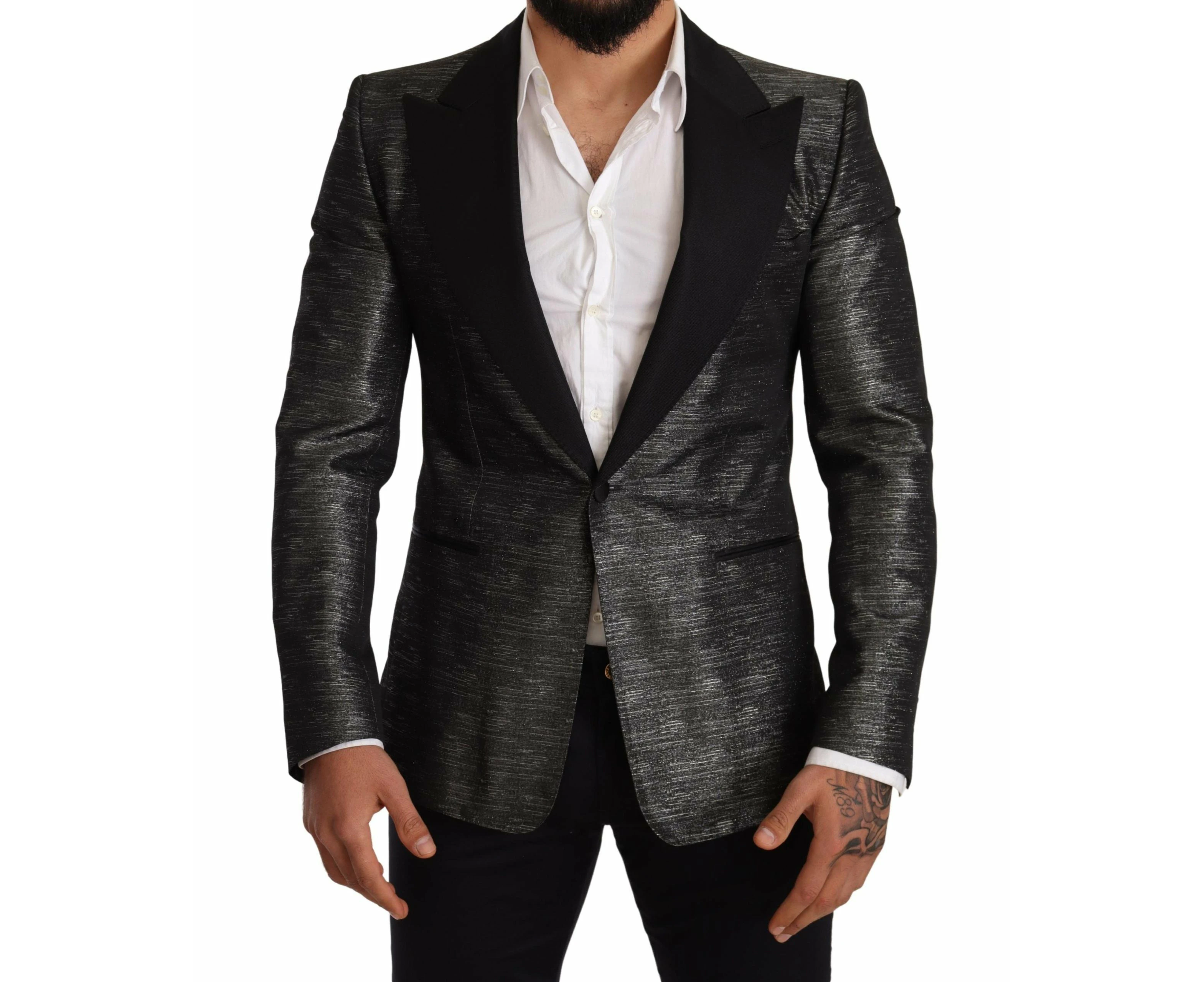 Dolce & Gabbana Gray Metallic Black Slim Tuxedo Blazer