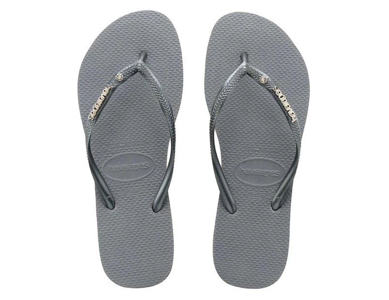 Havaianas Women's Slim Metal Logo Coloured Crystal Thongs - Steel Grey/Silver