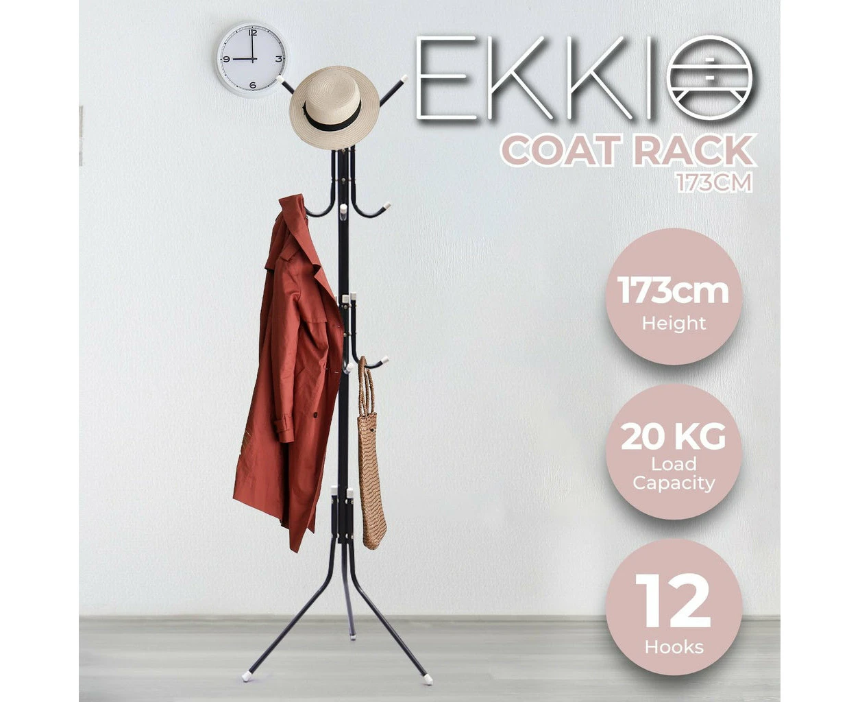 EKKIO 12 Hook Metal Coat Rack Stand with 3-Tier Hat Hanger Black