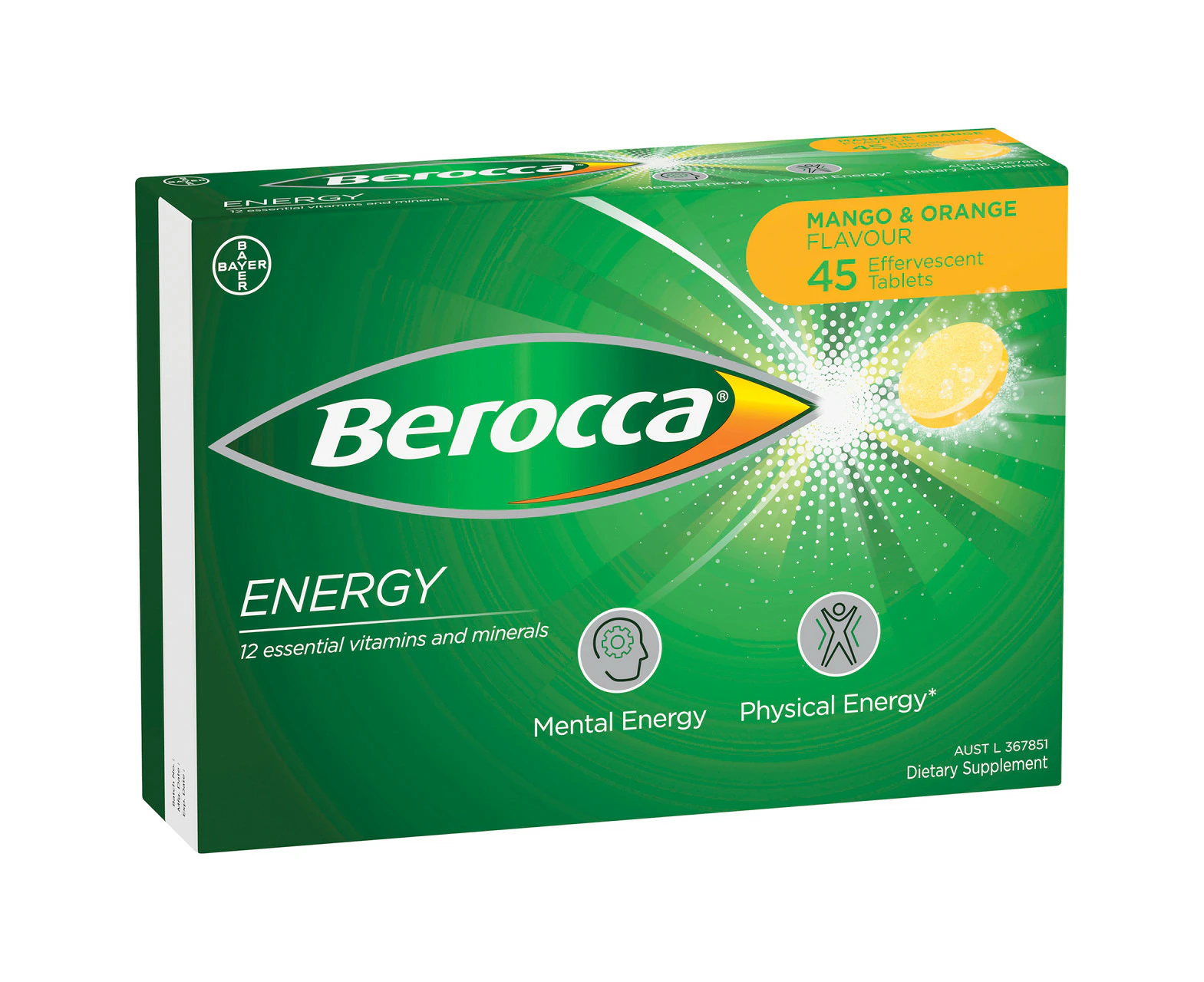 Berocca Energy Vitamin B & C Mango & Orange Flavour Effervescent Tablets 45 Pack