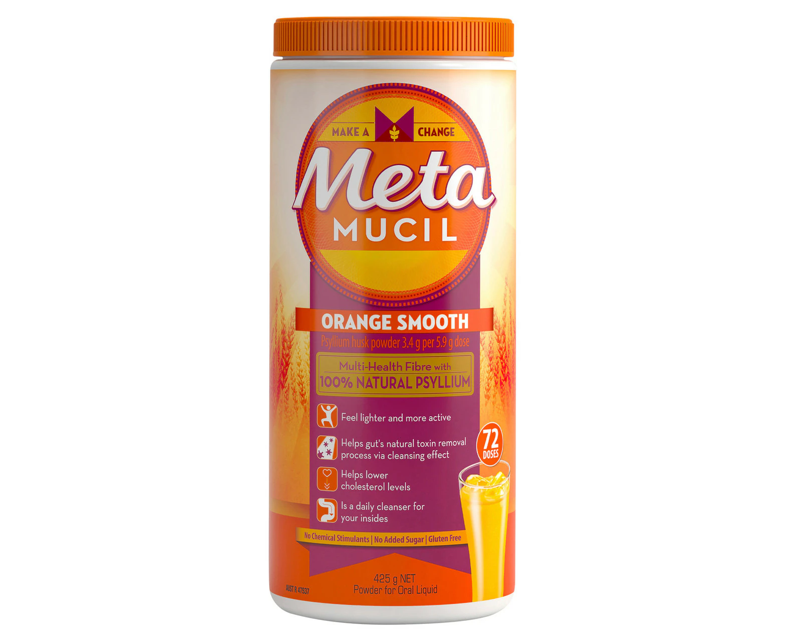 Metamucil Multi-Health Fibre with 100% Psyllium Natural Psyllium Orange Smooth 72D