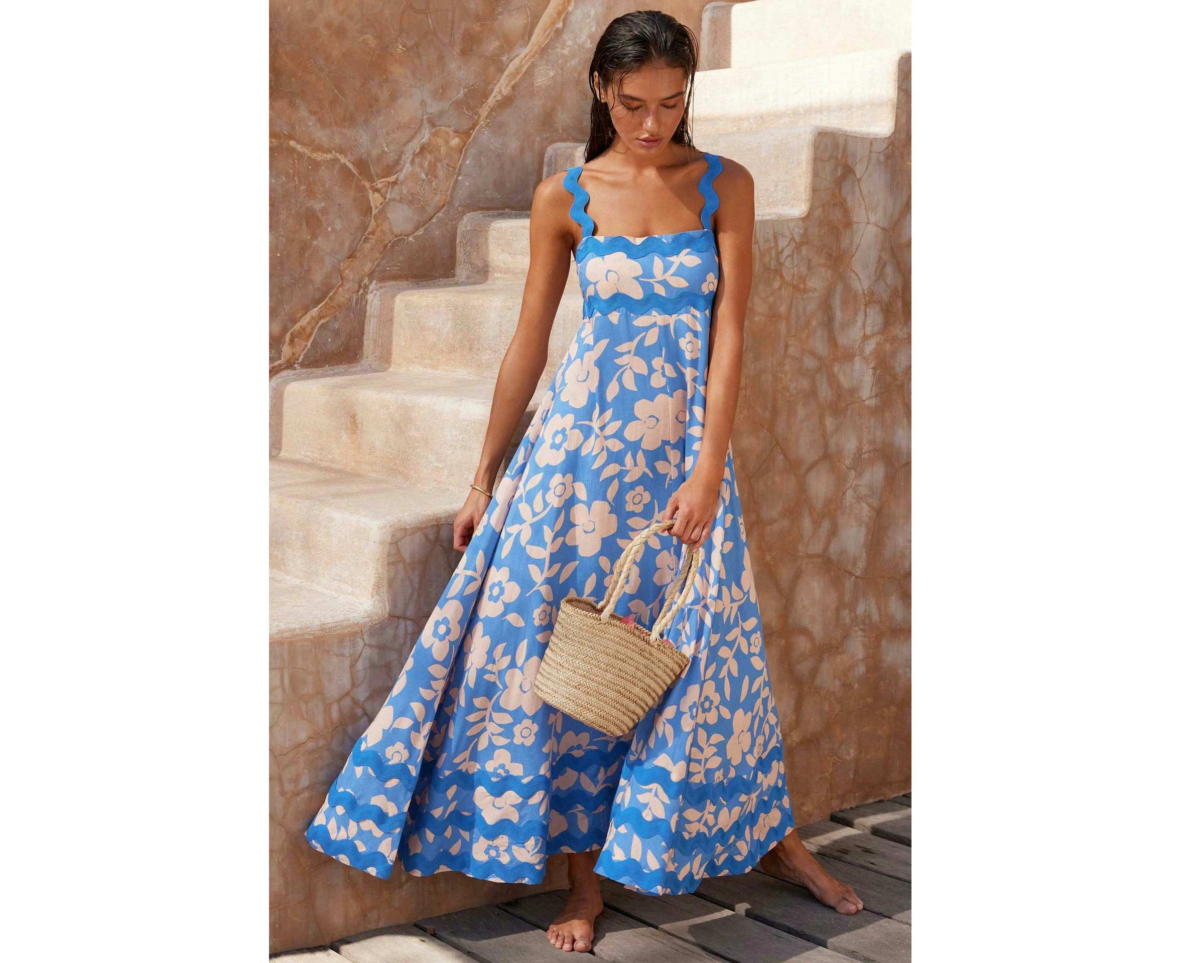 Women's Summer Maxi Dress Casual Boho Sleeveless Spaghetti Strap Long Beach Sun Dresses-Light blue printed